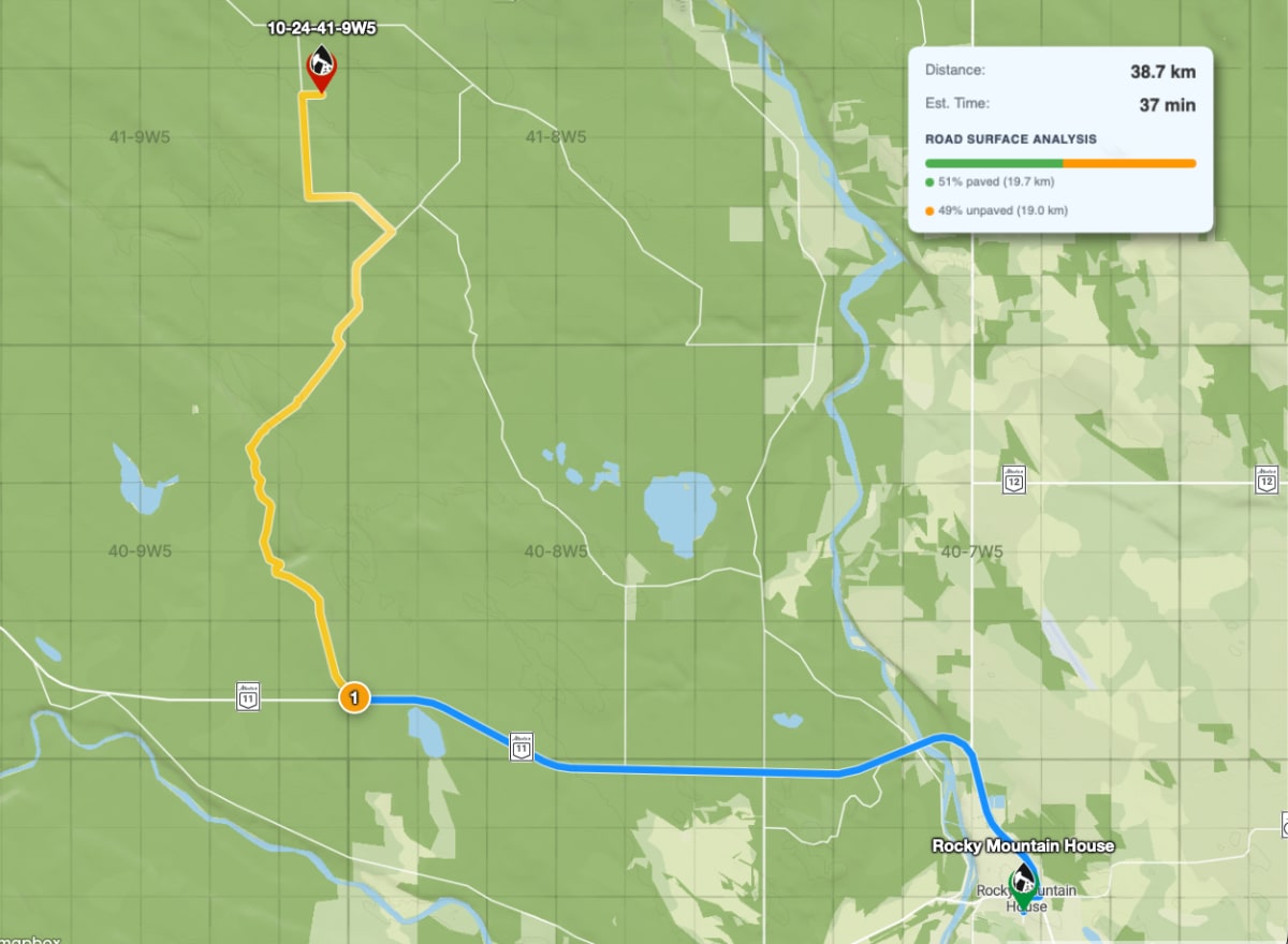 OilTrails route surface breakdown showing highway, rural road, and lease road context for field planning.