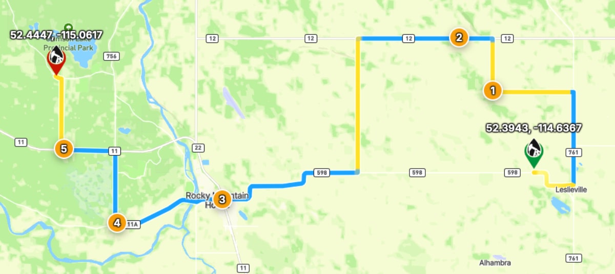 OilTrails route showing multiple waypoints for field versatility