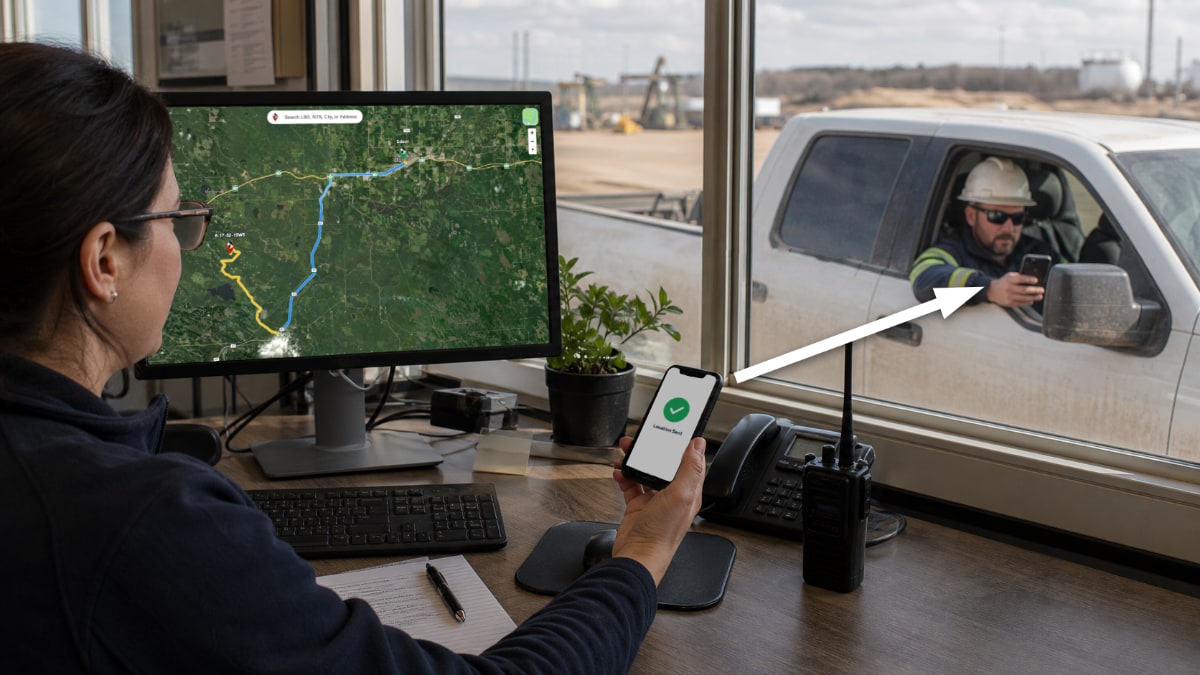 A route planned on an office monitor being sent to a field worker's phone in a pickup truck.