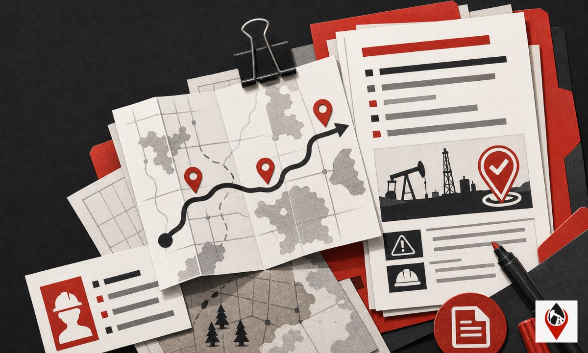 Printed oilfield route directions and a tablet map sitting on a truck tailgate near a lease road.