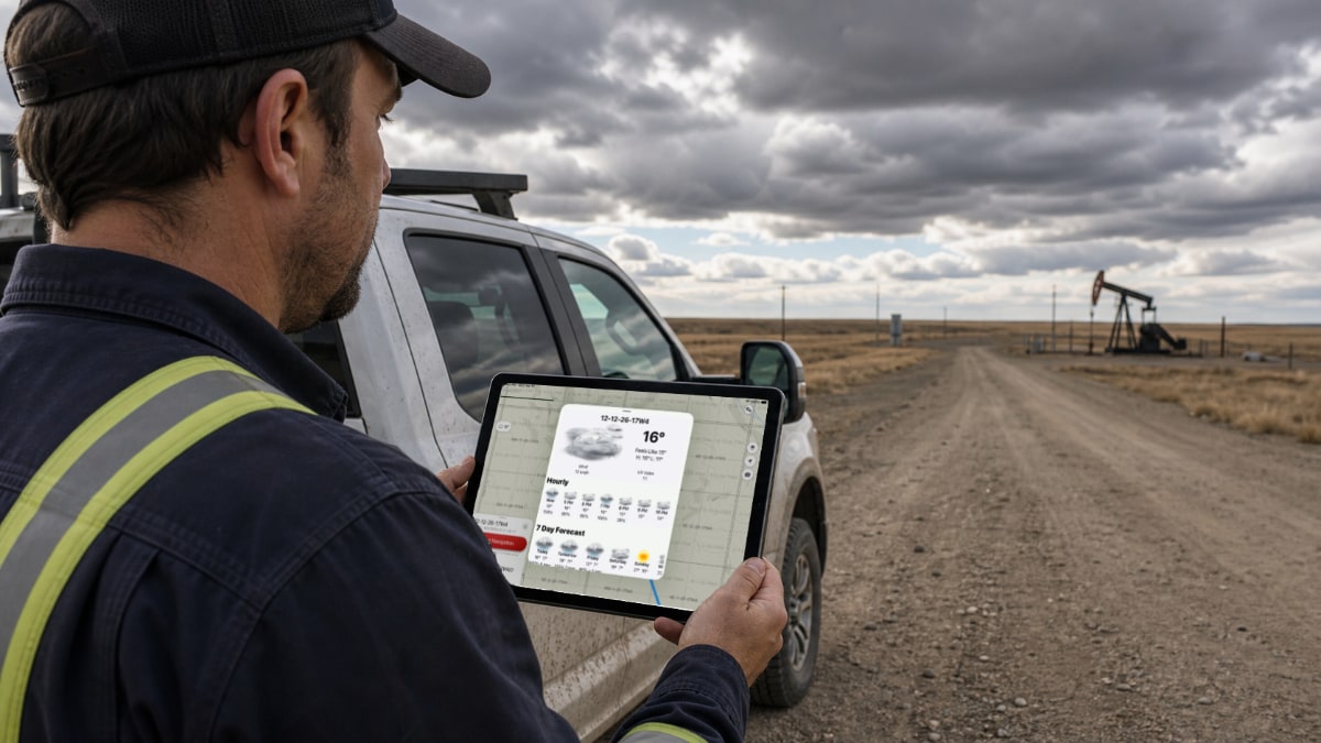 A field worker checking weather and a route map on a tablet before driving toward a remote lease road under changing skies.
