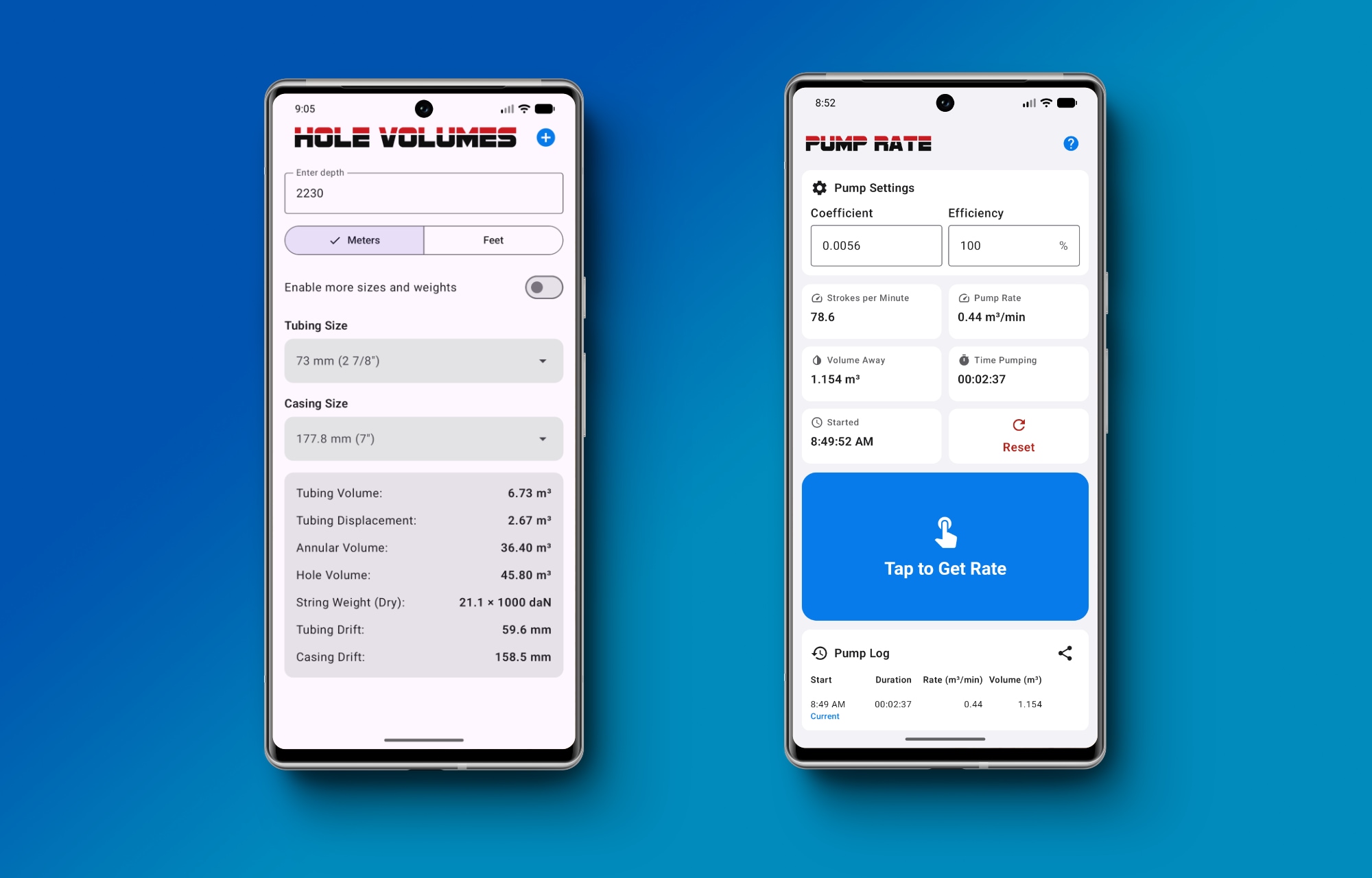 Free oilfield apps for Android and iOS, including Pump Rate Calculator, Hole Volumes, GeoPics, and Tubing Stretch