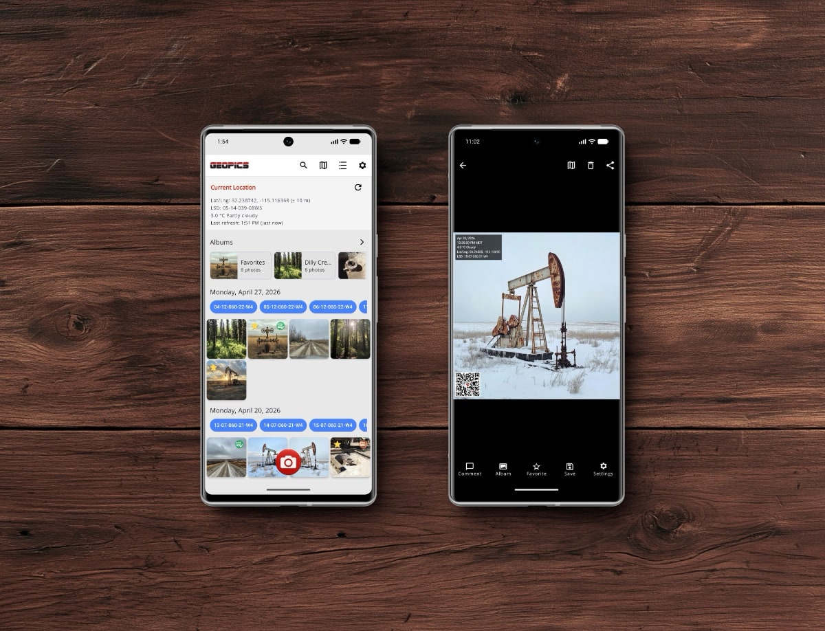 GeoPics for Android showing location-stamped field photos in the Gallery, Photo Viewer, and map.