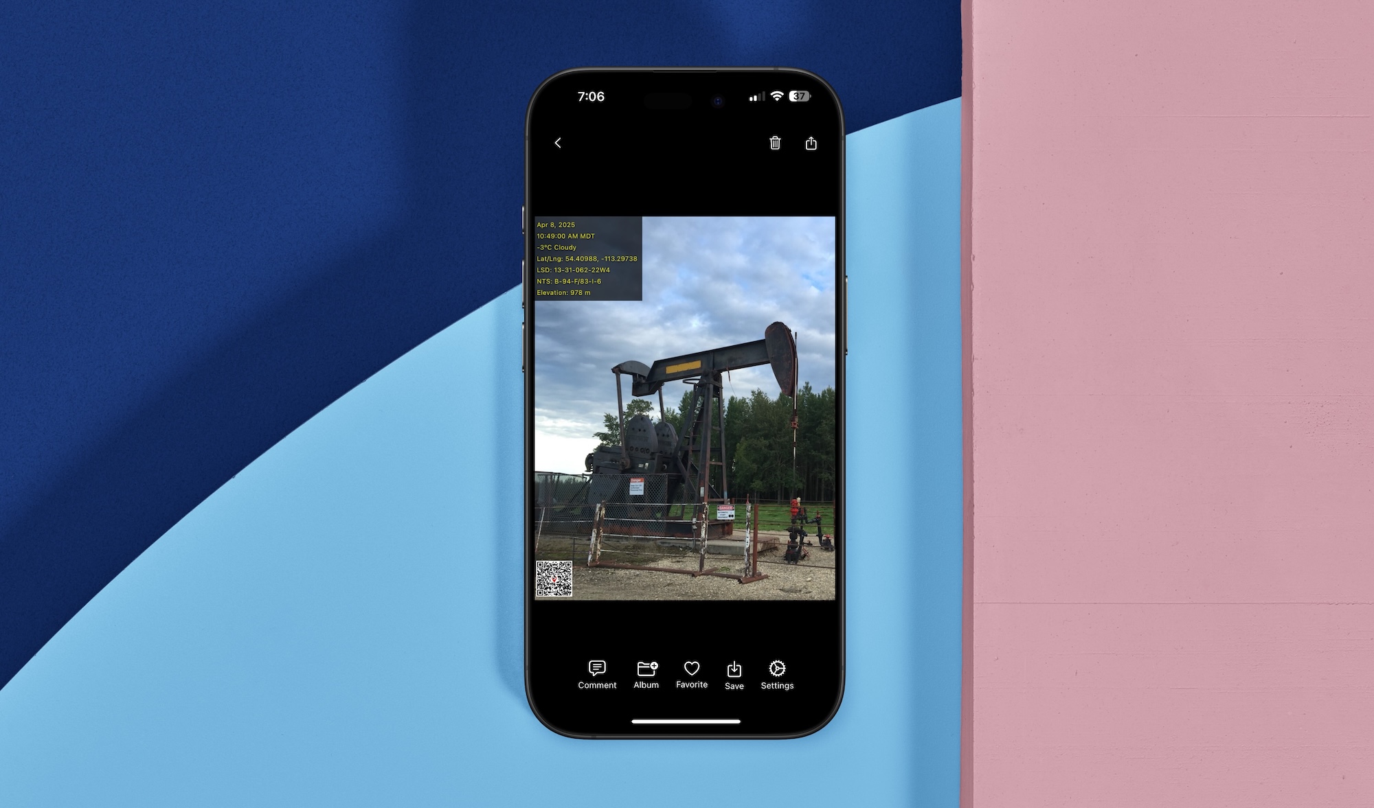 A phone screen showing the GeoPics gallery with newly captured oilfield photos.