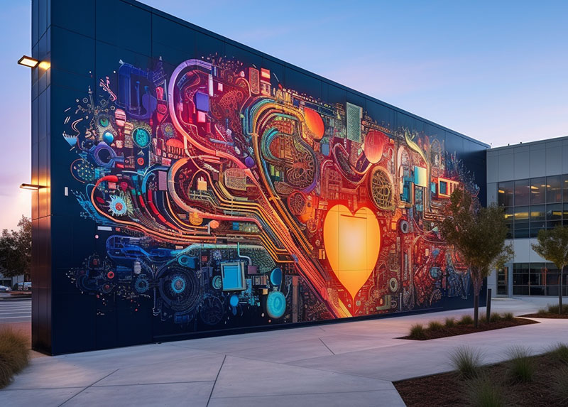 A tech-themed mural, encapsulating California's innovation culture.