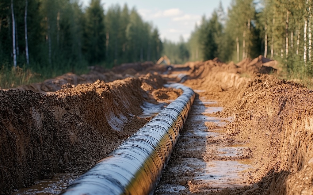 Pipeline stretching through rugged, muddy terrain, illustrating the challenges of oilfield navigation and the importance of an accurate lease locator.