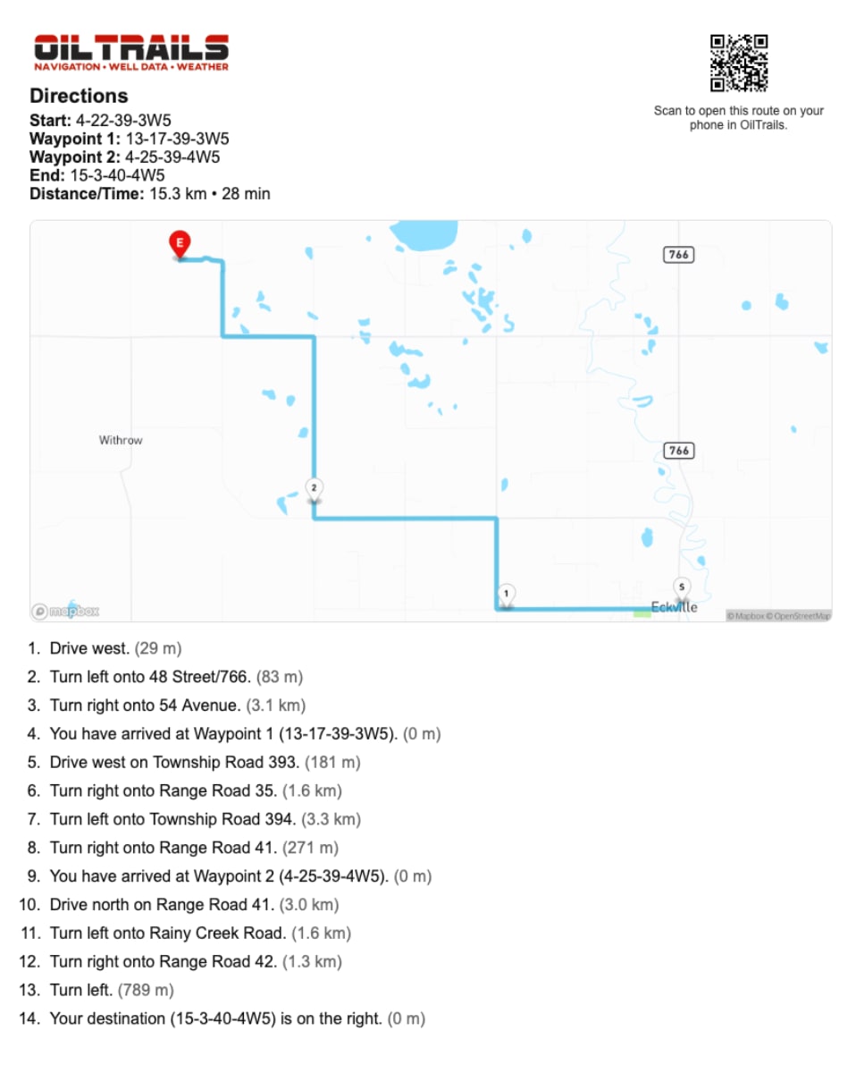 A printed OilTrails route example showing a map, directions, distances, and a route QR code.