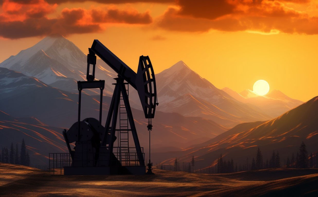 A pumpjack in the sunset with mountains in the background