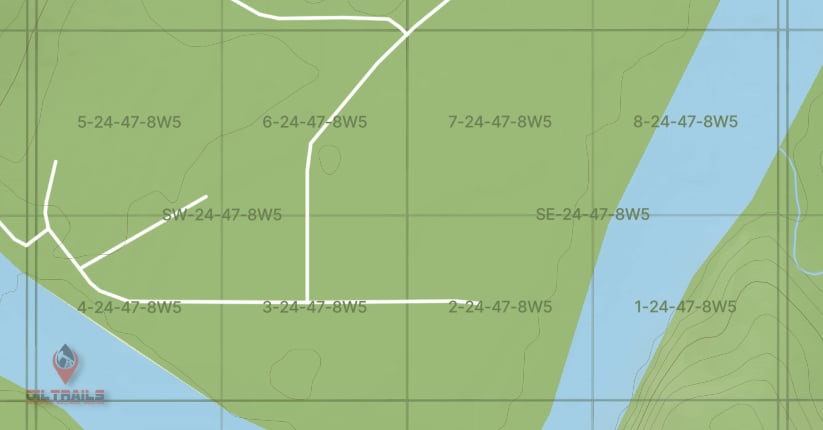 Outdoor map layer showing DLS grid boundaries over rural terrain