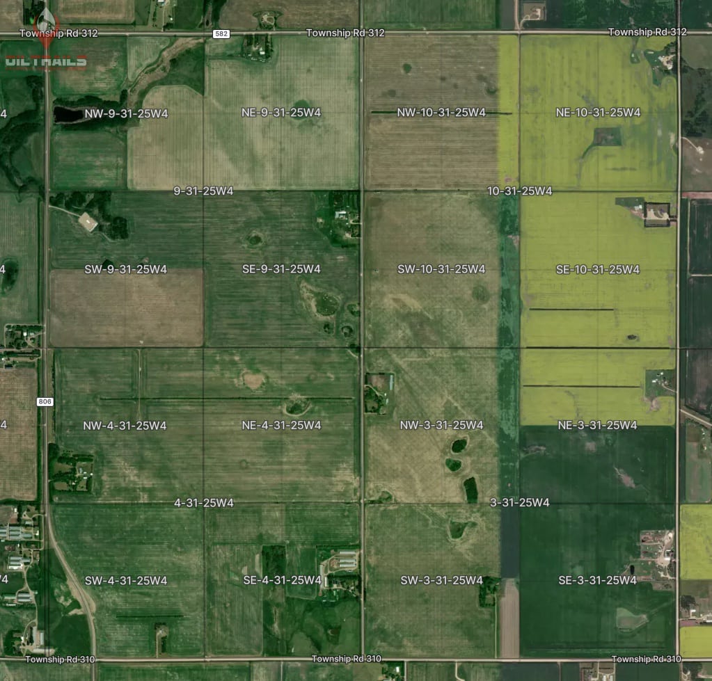 DLS grid lines overlaid on satellite imagery across prairie farmland