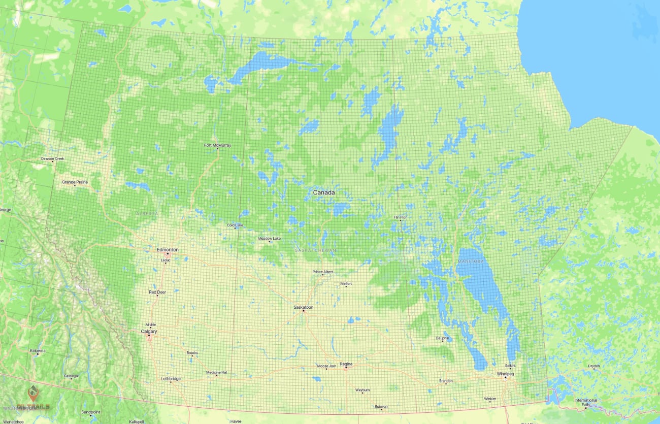 A Western Canada map view showing DLS grid overlays across rural land.