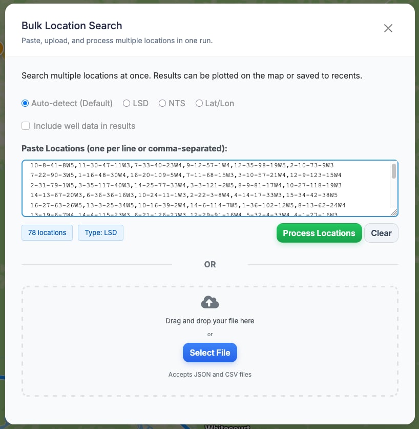 Bulk LSD and NTS upload interface with mapped location results