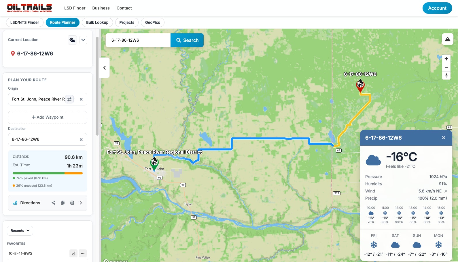 OilTrails Navigation interface showing map route, waypoint panel, and LSD search controls