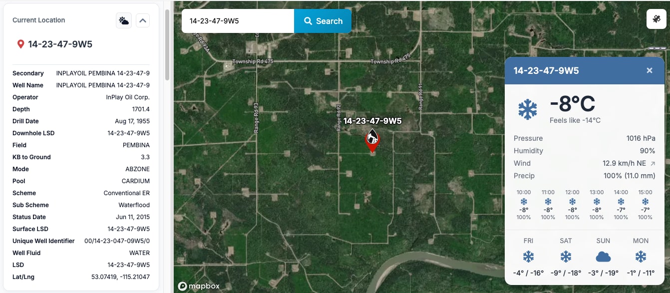 LSD lookup interface on satellite map in OilTrails Navigation