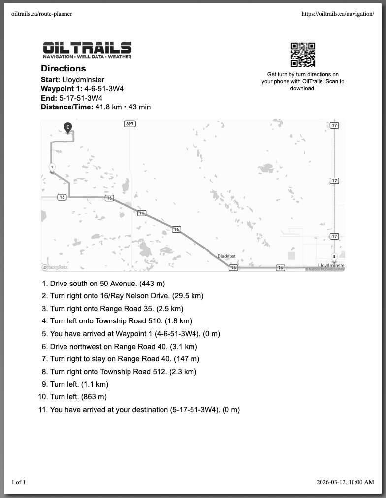 Printable route directions with QR handoff for field navigation