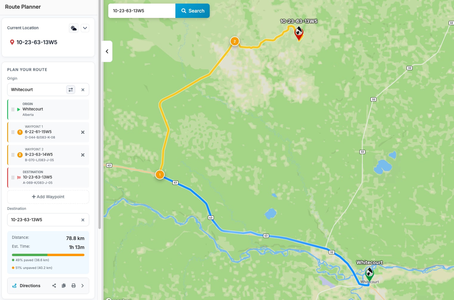 Oilfield route planner map with multiple waypoints and route controls