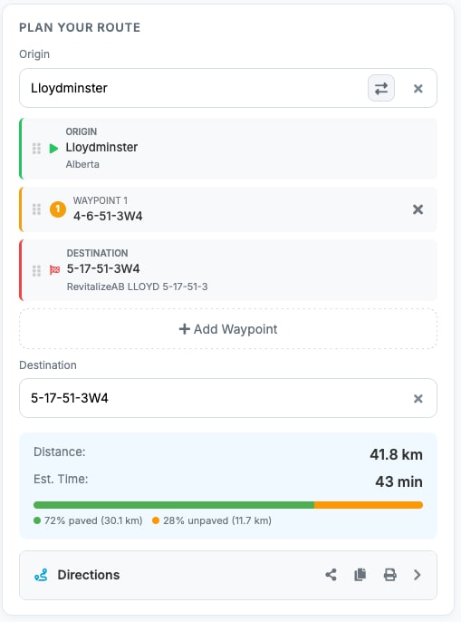 OilTrails sidebar showing projects, saved locations, and route planning controls