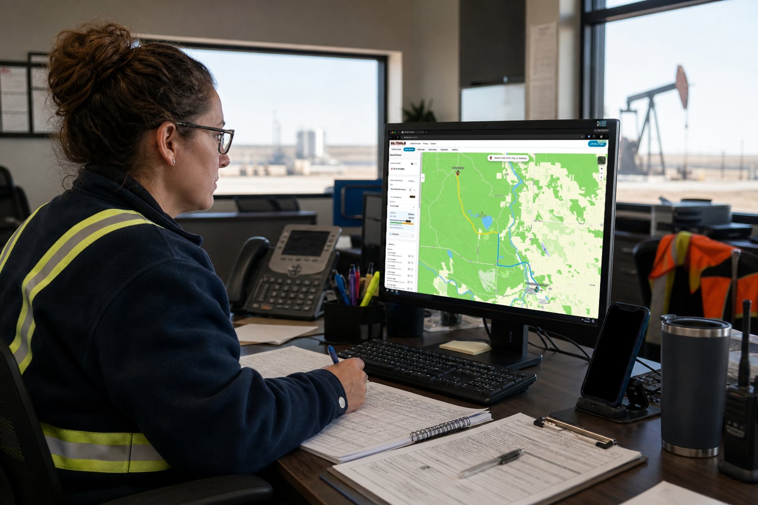 Oilfield dispatch team using business software to send a field location